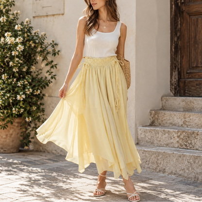 Women's High Waist Chiffon Midi Skirt Asymmetrical Hem