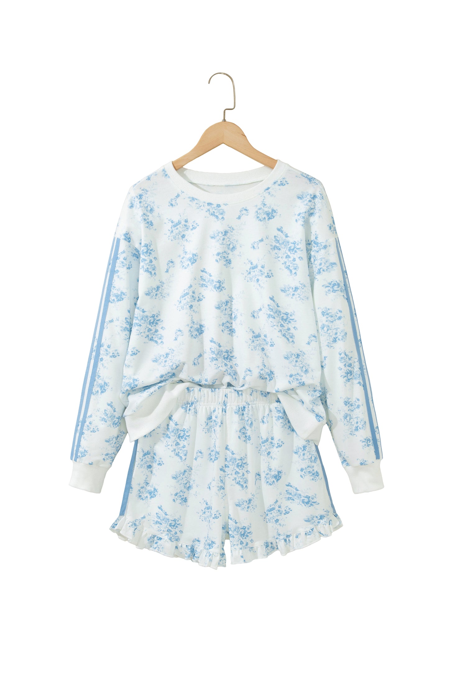 Blue Floral Lounge Set Long Sleeve Top Ruffle Shorts