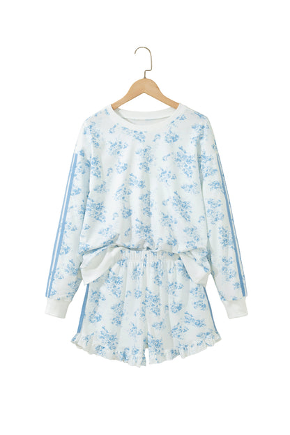 Blue Floral Lounge Set Long Sleeve Top Ruffle Shorts