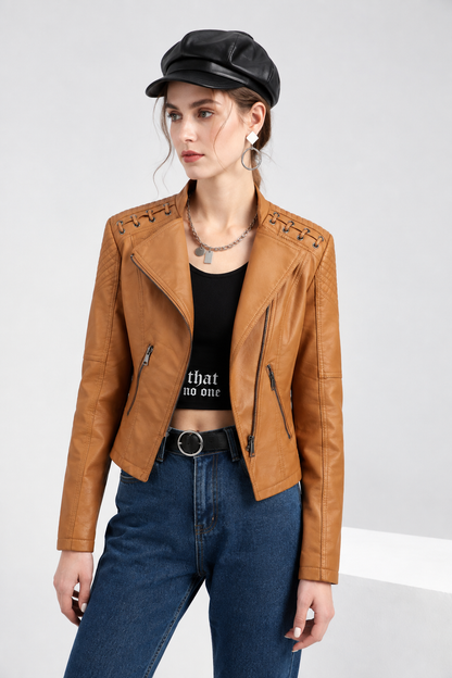 Womens Faux Leather Moto Jacket Slim Fit