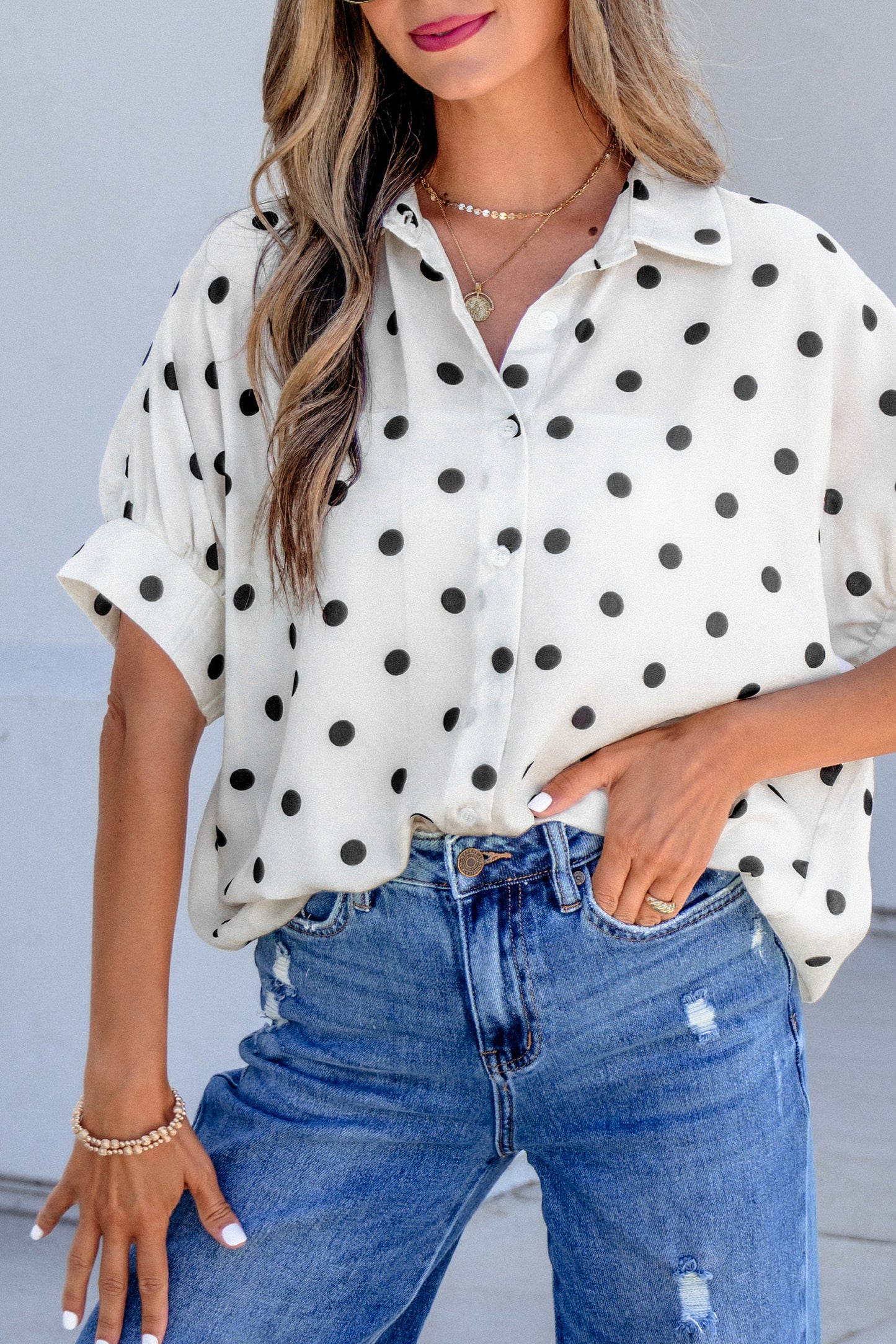 Beige Polka Dot Button Up Dolman Sleeve Loose Blouse
