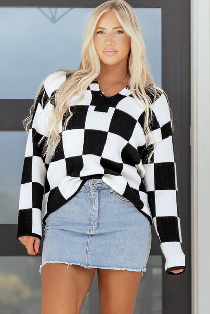 Women's Checkered Knit Sweater with Notched Neck
