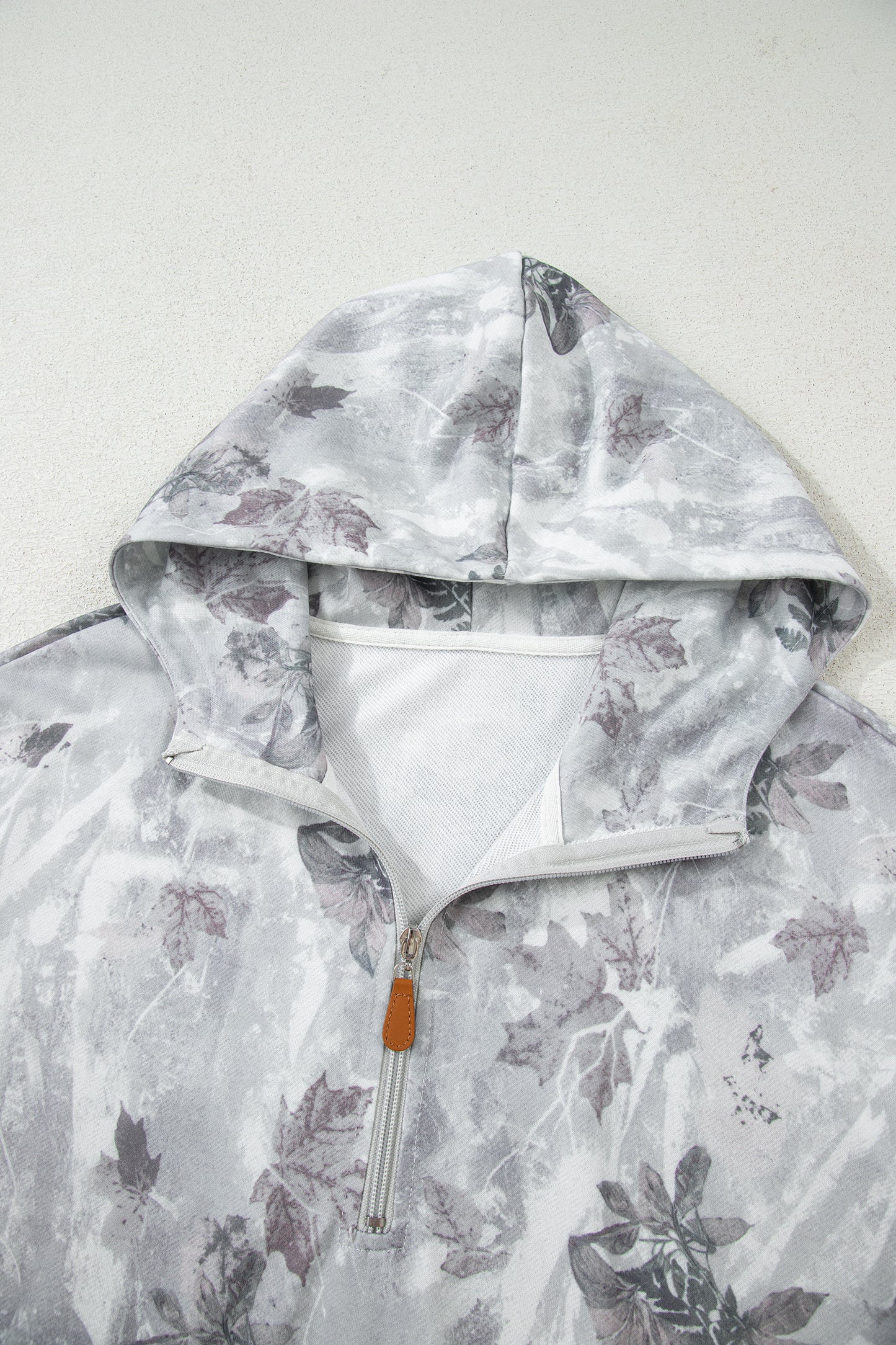 Gray Camo Leaf Print Quarter Zip Hoodie with Pocket