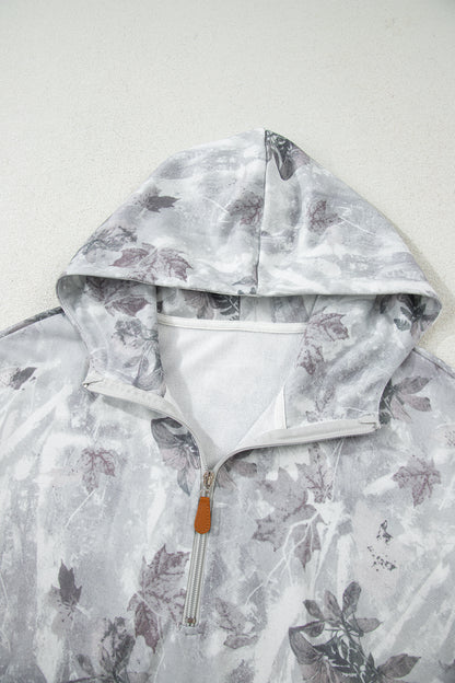 Gray Camo Leaf Print Quarter Zip Hoodie with Pocket
