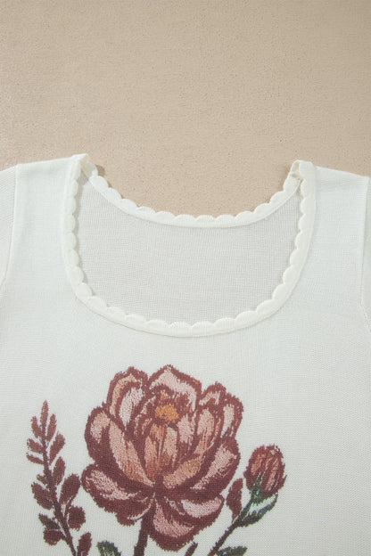 Western Floral Knit Top Square Neck Short Sleeve Sweater