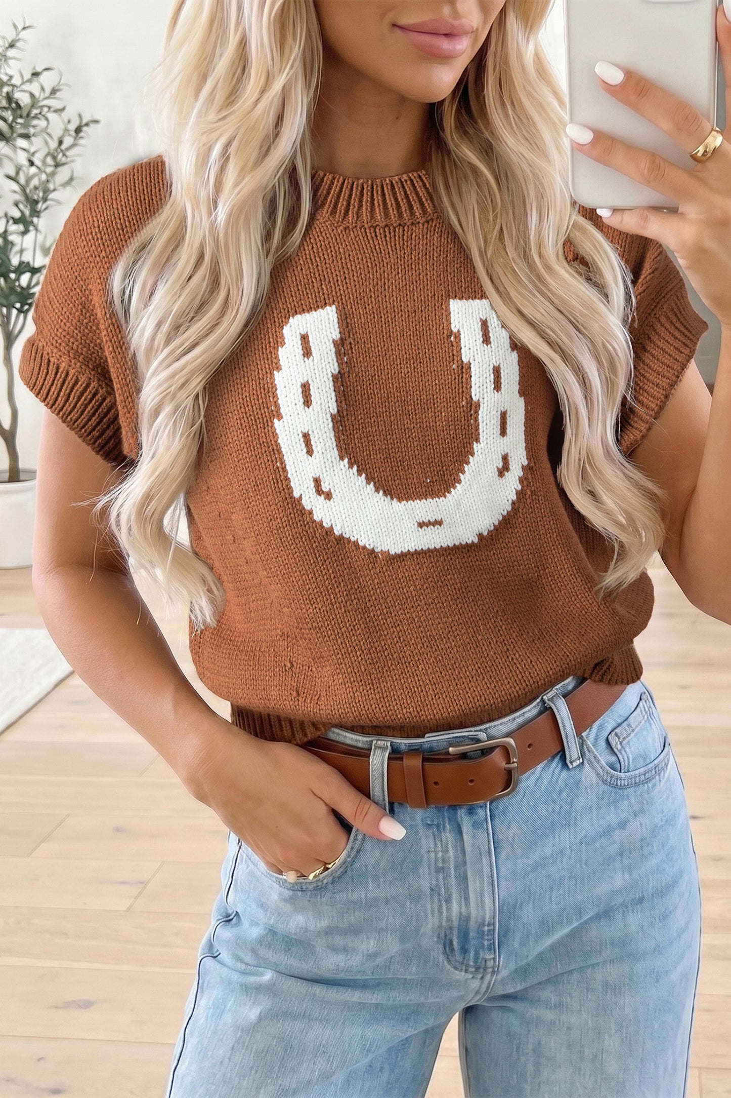 Western Horseshoe Knit Sweater Tee Short Sleeve Pullover