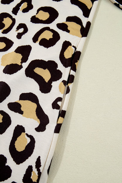 Khaki Leopard Long Sleeve T Shirt Shift Dress with Pockets