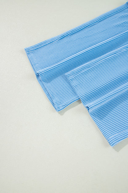Blue Ribbed Knit Lounge Set Wide Leg Pants Outfit