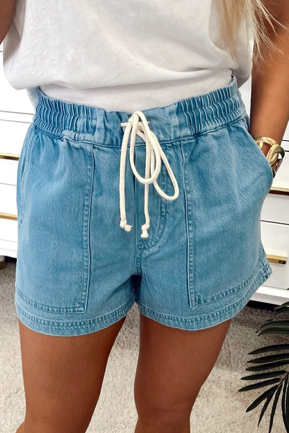 Light Wash Drawstring Denim Shorts Elastic Waist Pockets