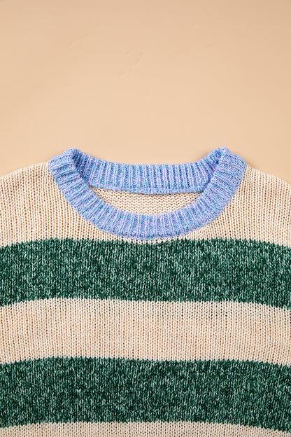 Green Stripe Drop Shoulder Knit Pullover Sweater