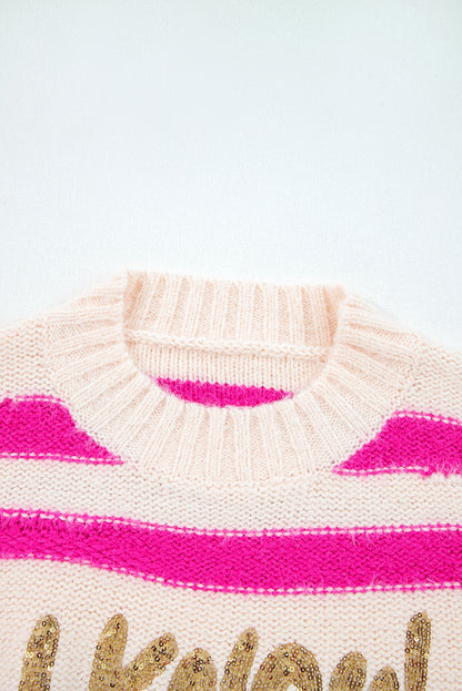 Sequin Letter Graphic Colorblock Loose Knit Sweater