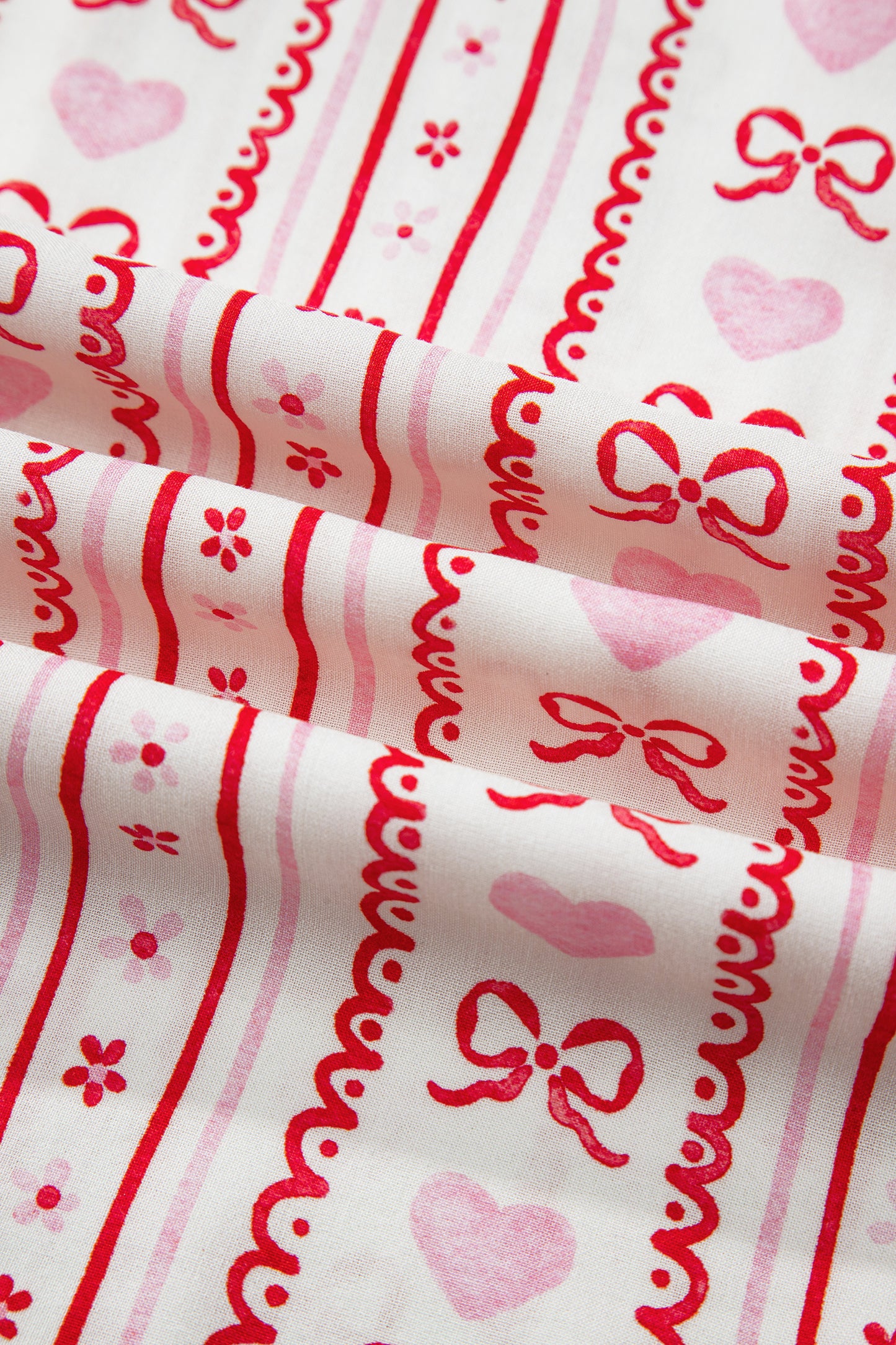 Valentines Heart Bow Print Ribbon Trim 2 Piece Pajama Set