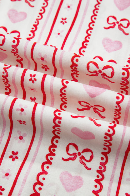 Valentines Heart Bow Print Ribbon Trim 2 Piece Pajama Set