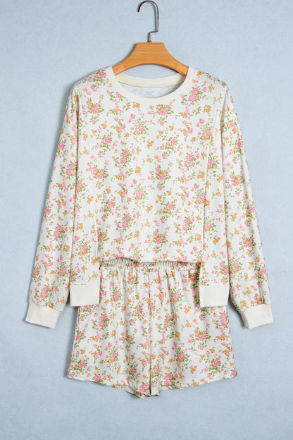 Floral Sweatshirt Shorts Set Women Lounge Two Piece Set