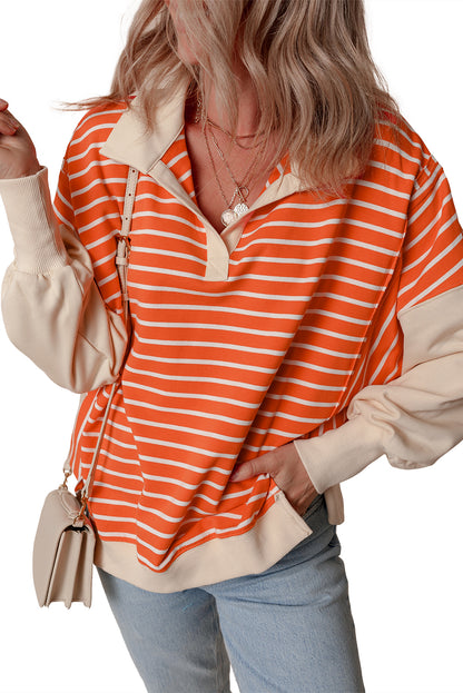 Orange Stripe Color Block Loose Fit Collared Drop Shoulder Sweatshirt