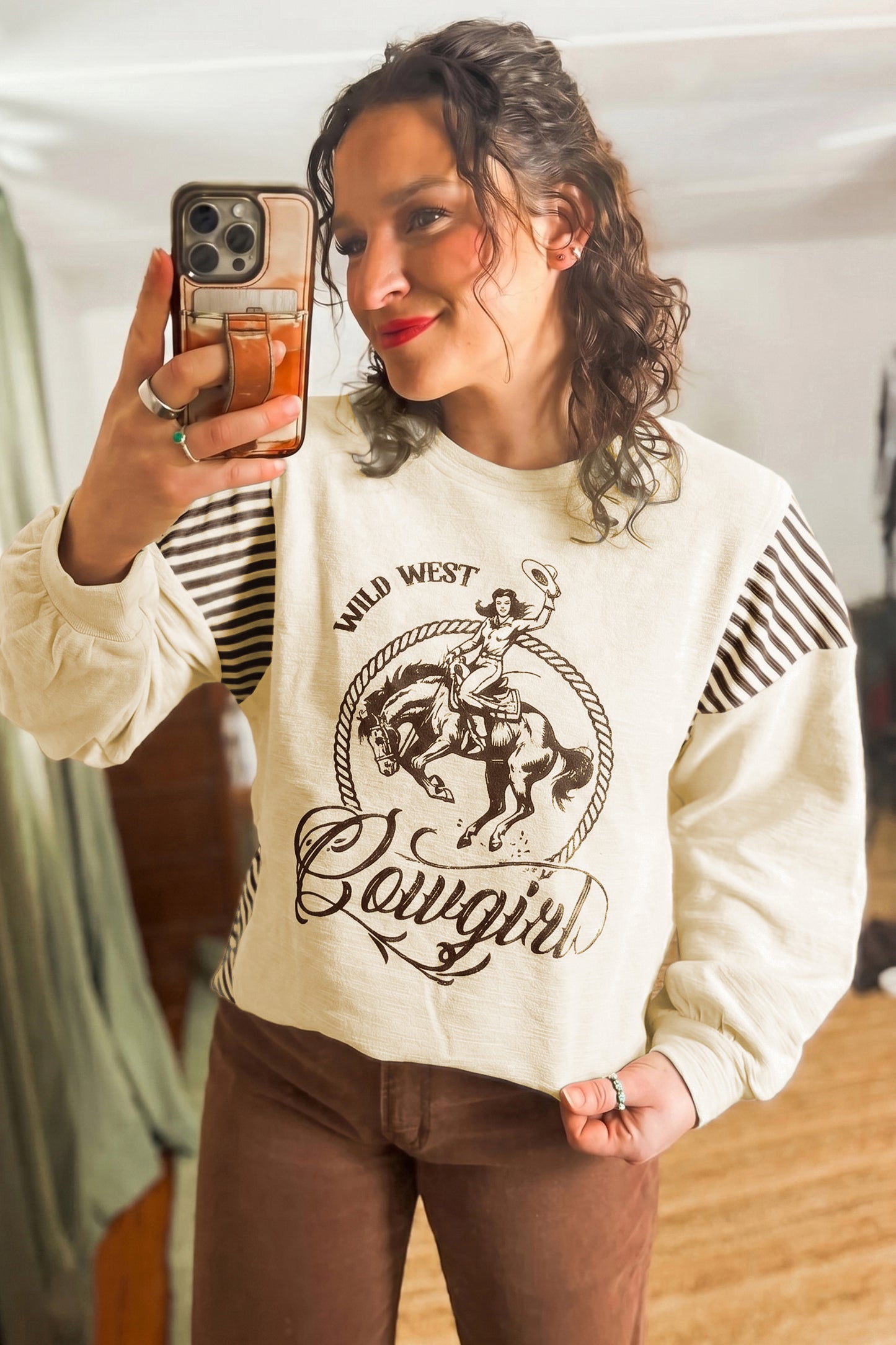 Women's Western Cowgirl Graphic Striped Sleeve Sweatshirt