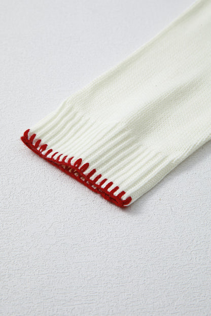 White Christmas Bow Contrast Trim Loose Knit Sweater