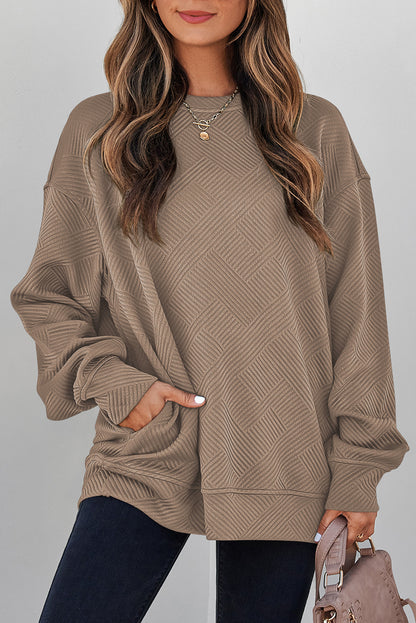 Jungle Green Solid Color Textured Round Neck Drop Shoulder Pullover Sweatshirt