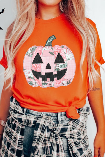 Floral Patchwork Pumpkin Graphic Halloween Tee