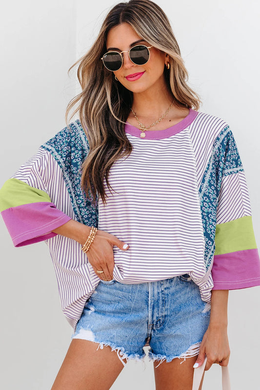 Striped Colorblock Oversized Top Casual Loose T Shirt