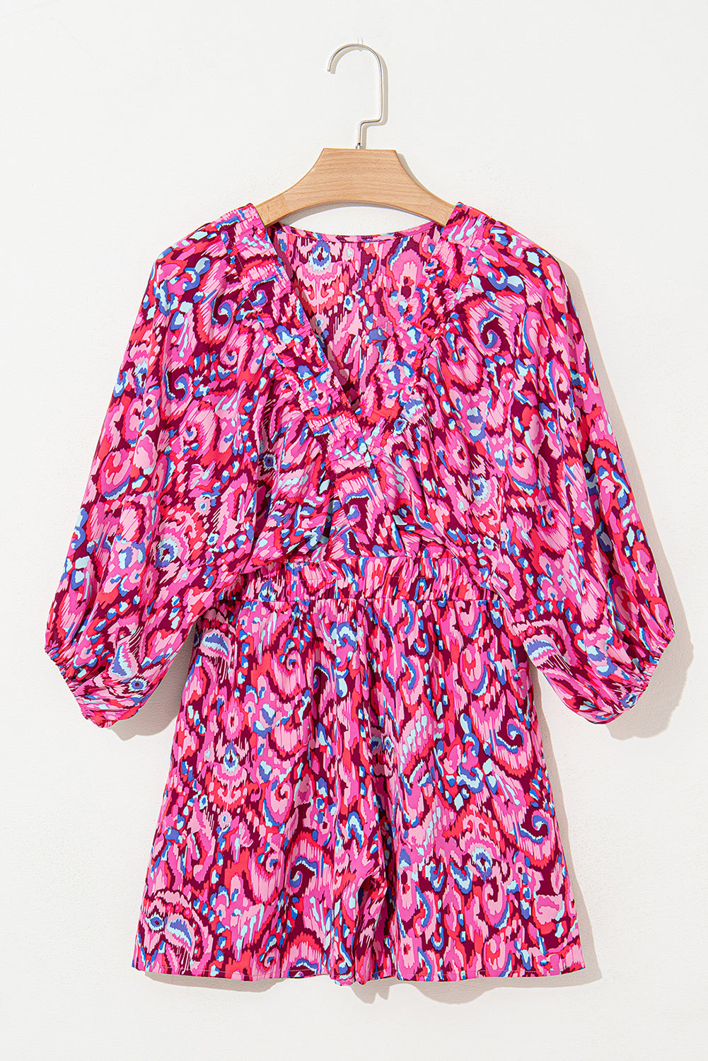Green Abstract Print V Neck Puff Sleeve Smocked Romper
