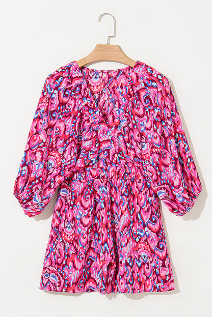 Green Abstract Print V Neck Puff Sleeve Smocked Romper