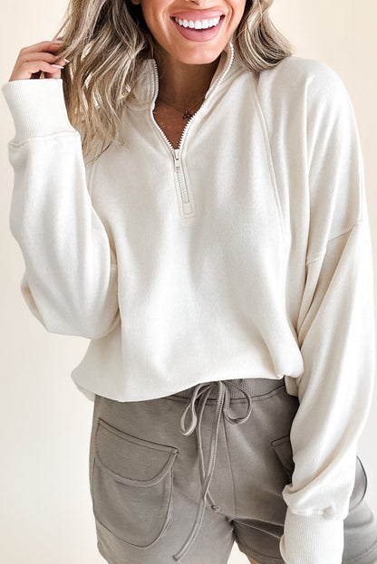 Zipped Neck Pullover Drop Shoulder Sweatshirt