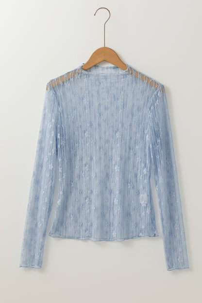 Ashleigh Blue Sheer Floral Lace Mock Neck Long Sleeve Top