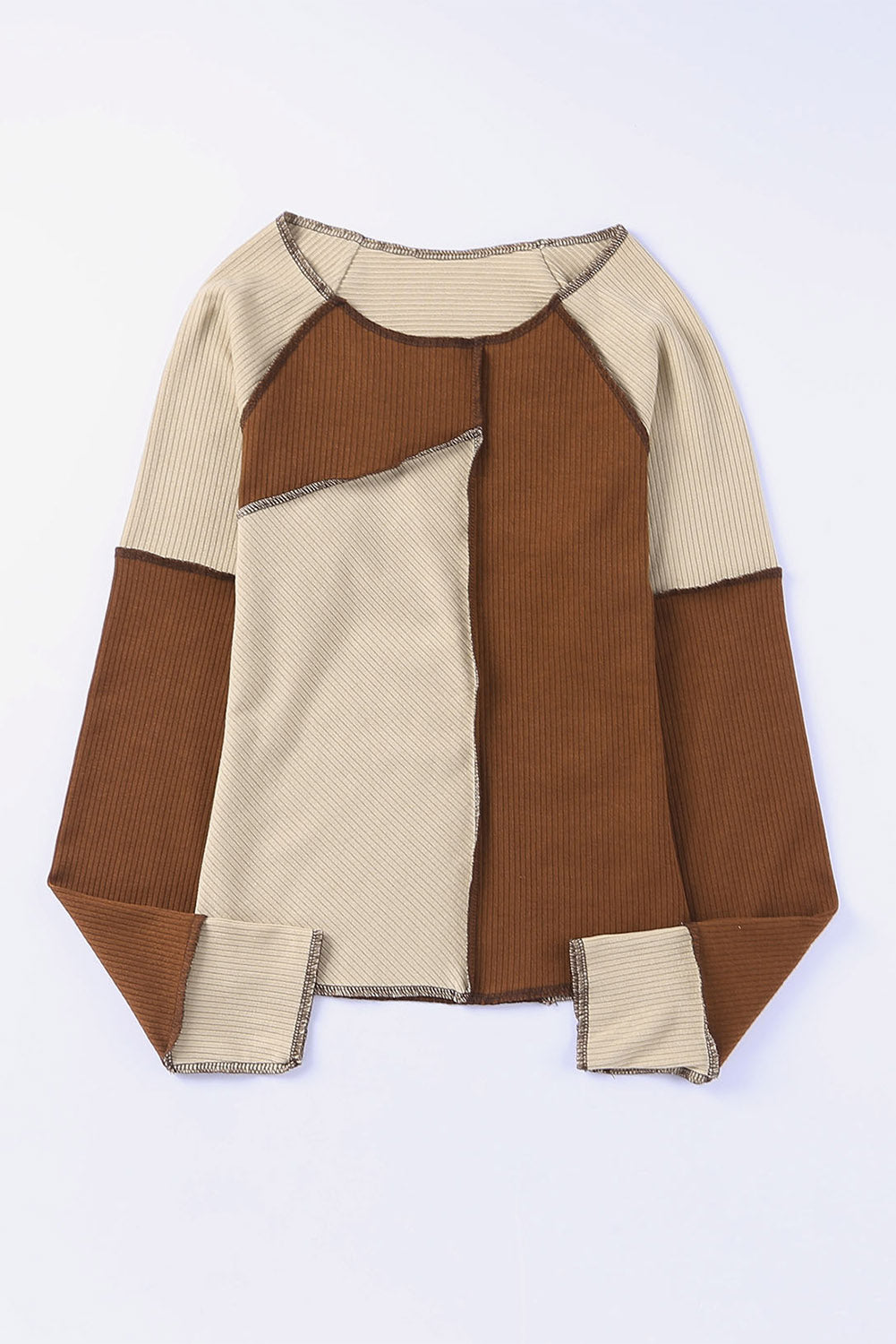 Irregular Color Block Rib Knit Long Sleeve Top