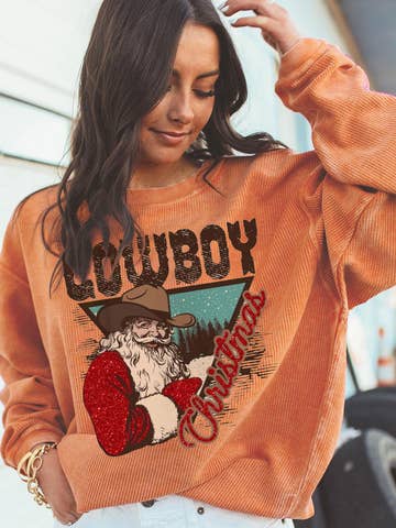 Cowboy Christmas Santa Ribbed Corduroy Oversized Sweatshirt