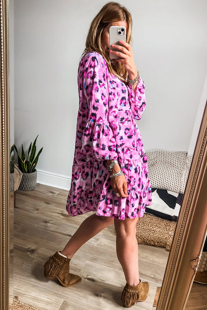 Khaki Leopard Button Front Tiered Ruffle Mini Dress