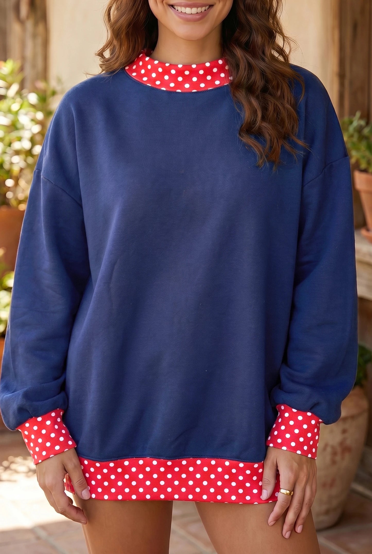 Red Polka Dot Trim Oversized Colorblock Sweatshirt