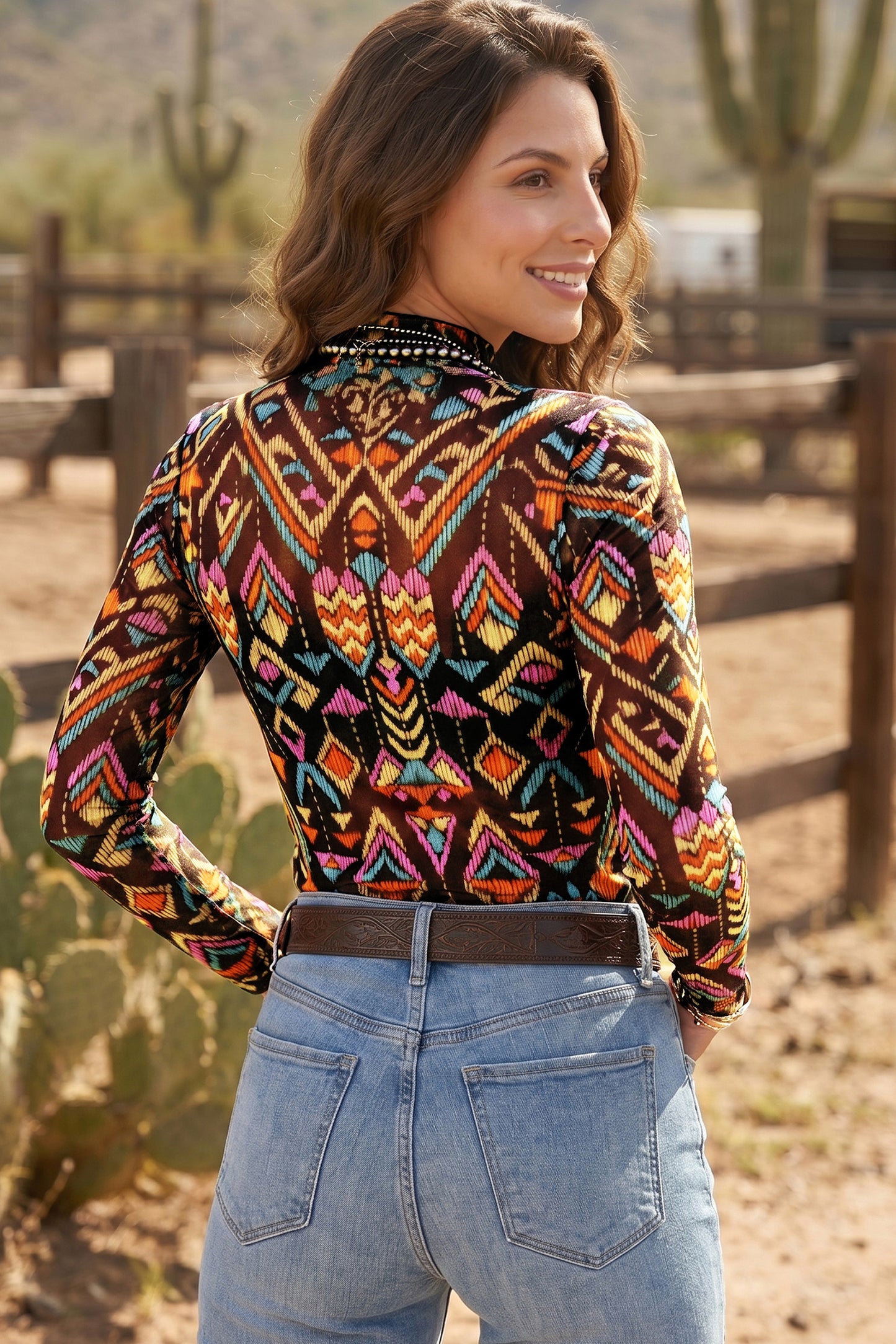 Abstract Print Mock Neck Mesh Long Sleeve Top