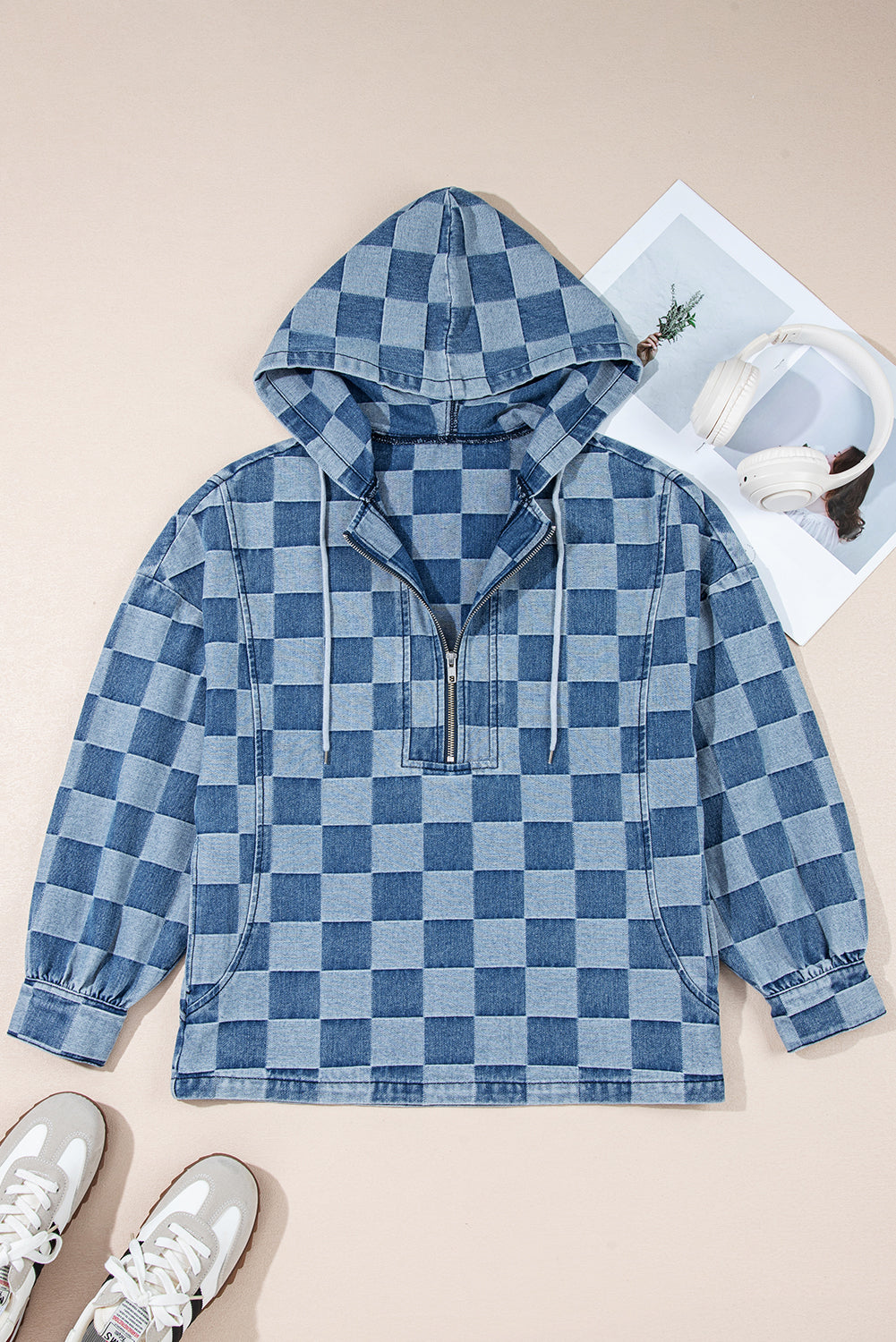 Sky Blue Checkerboard Quarter Zip Denim Hoodie with Pocket