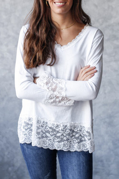White V Neck Lace Trim Long Sleeve Soft Casual Top