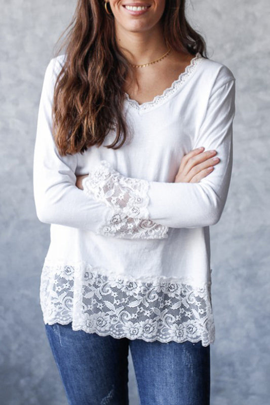 White V Neck Lace Trim Long Sleeve Soft Casual Top