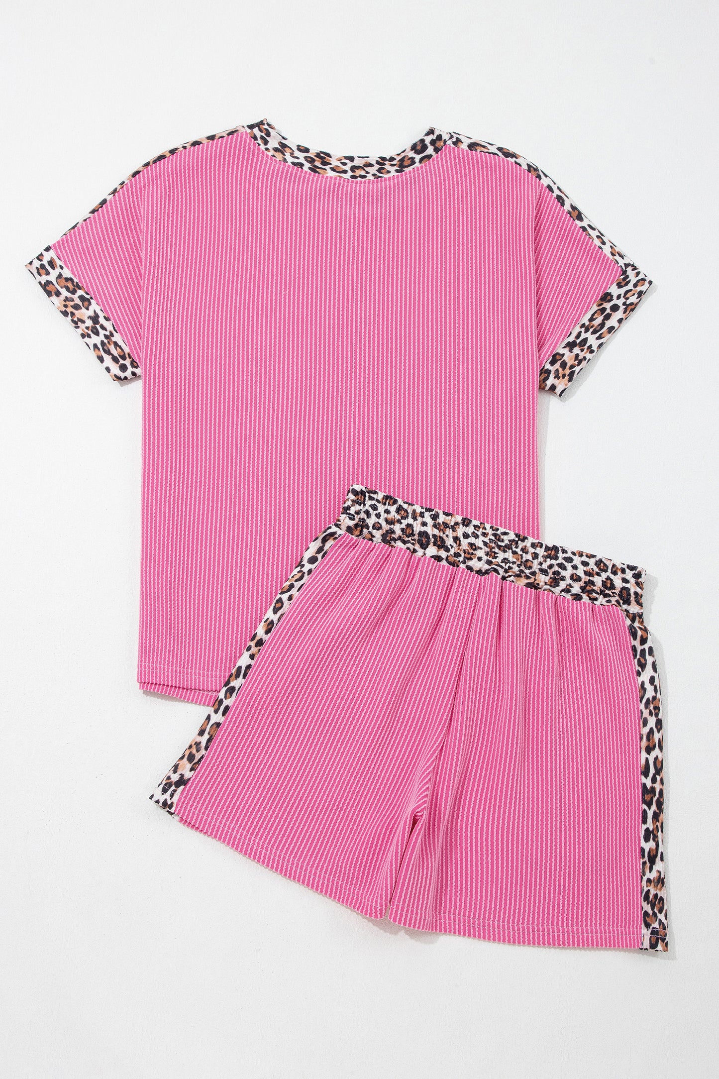 Leopard Trim Ribbed Short Sleeve Top and Shorts Set