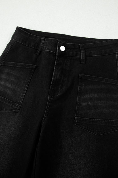 High Waisted Cropped Straight Leg Jeans Raw Hem Denim