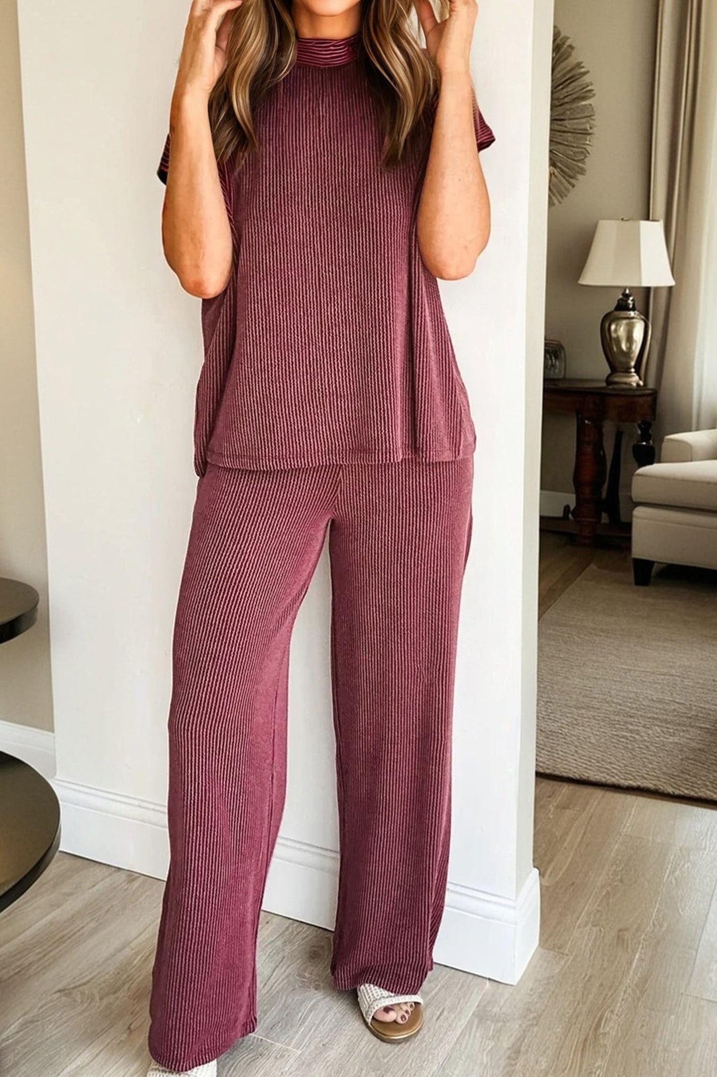 Burgundy Ribbed High Neck Tee Wide Leg Pant Set