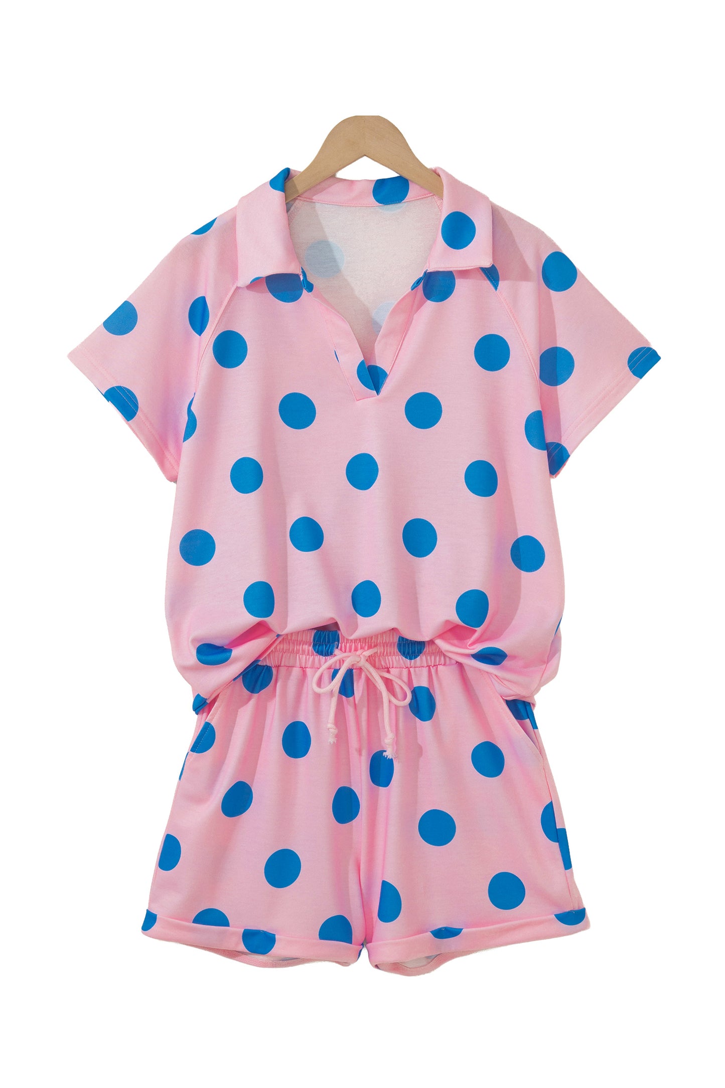 Green Polka Dot Lounge Set V Neck Tee and Shorts