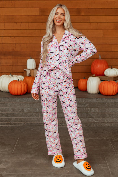 Pink Halloween Ghost Bat Print Pajama Set for Women