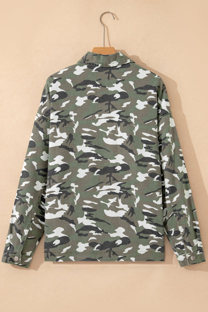 Green Camo Loose Denim Jacket with Chest Pockets