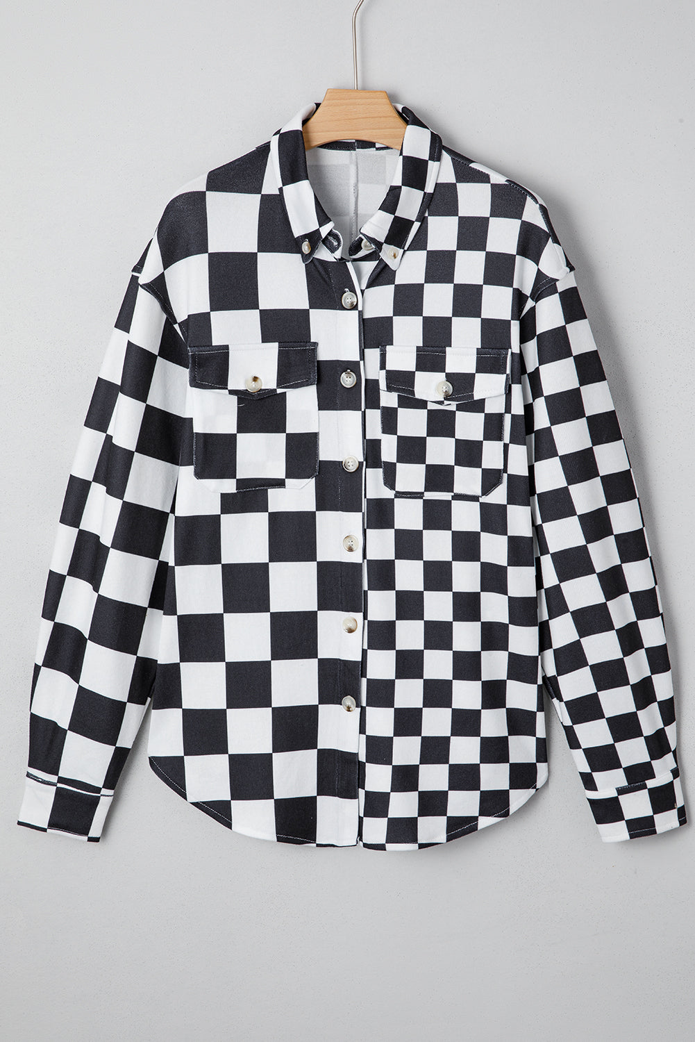 Checkerboard Print Flap Pocket Button Front Shacket