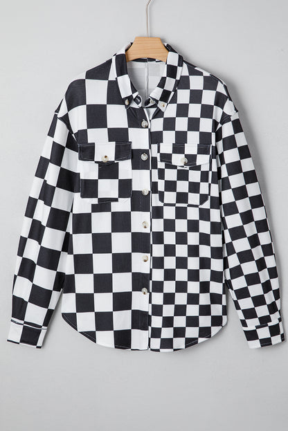 Checkerboard Print Flap Pocket Button Front Shacket