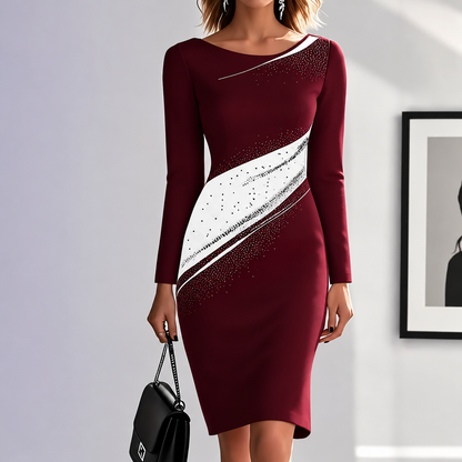 Women's Colorblock Long Sleeve Bodycon Midi Dress Knit