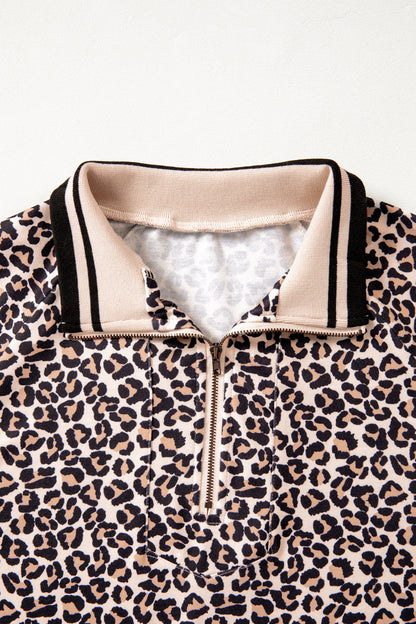 Women’s Leopard Print Half Zip Stripe Trim Top