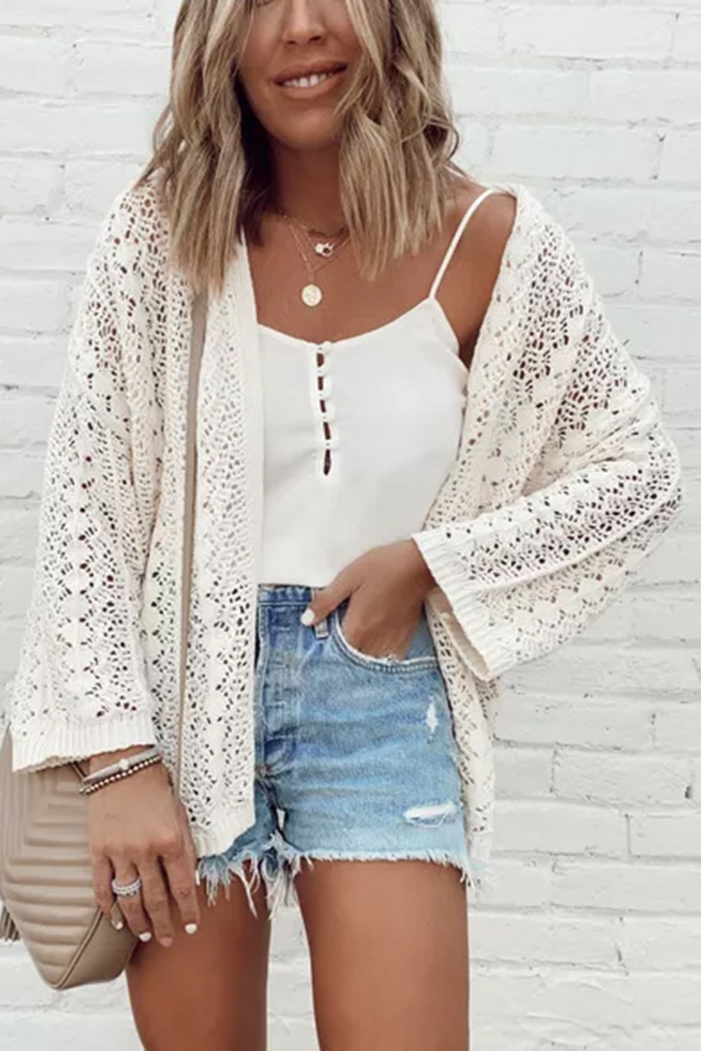 Chic Hollow Out Knit Cardigan with Drop Shoulders
