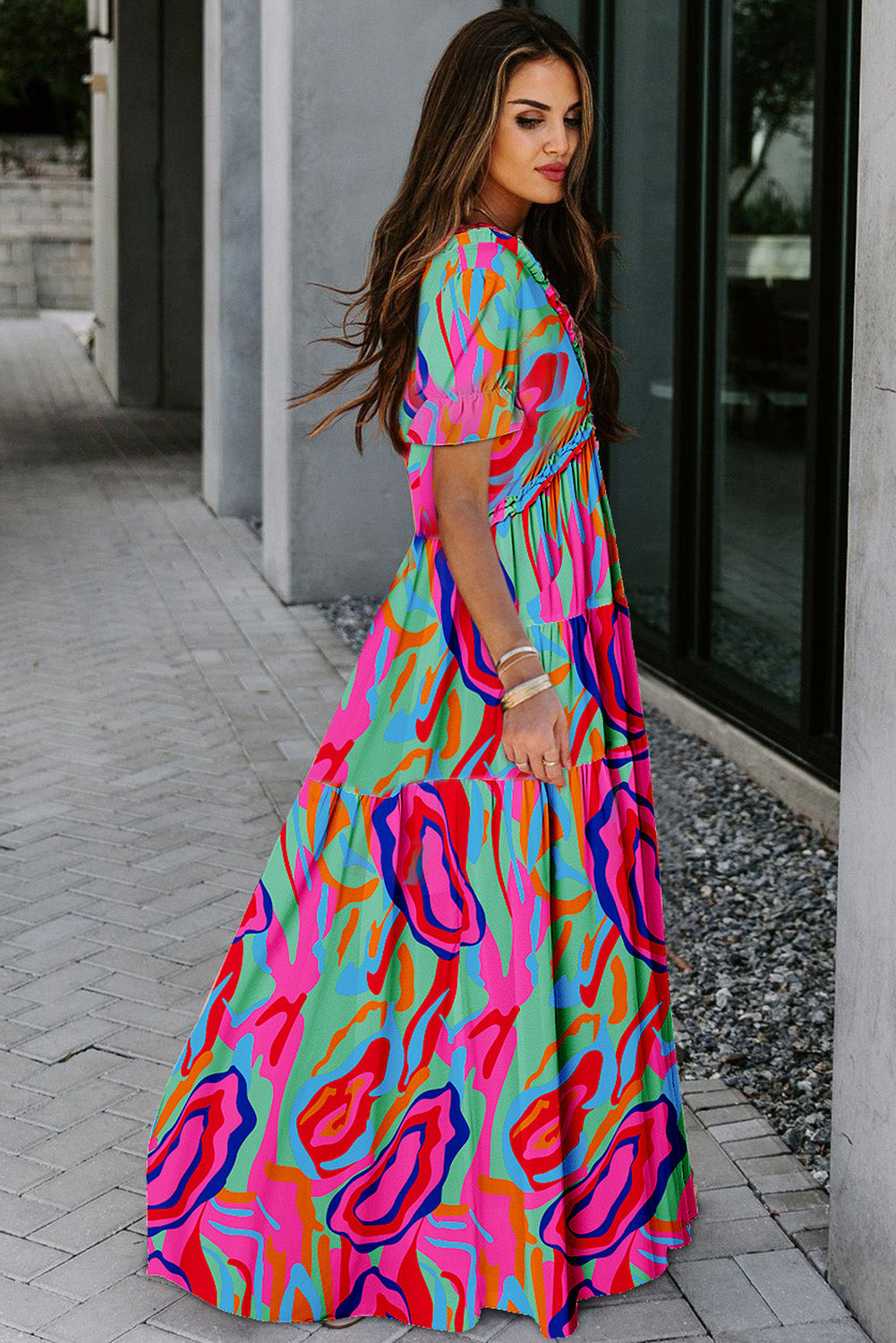 Sky Blue Floral V Neck Ruffle Short Sleeve Maxi Dress
