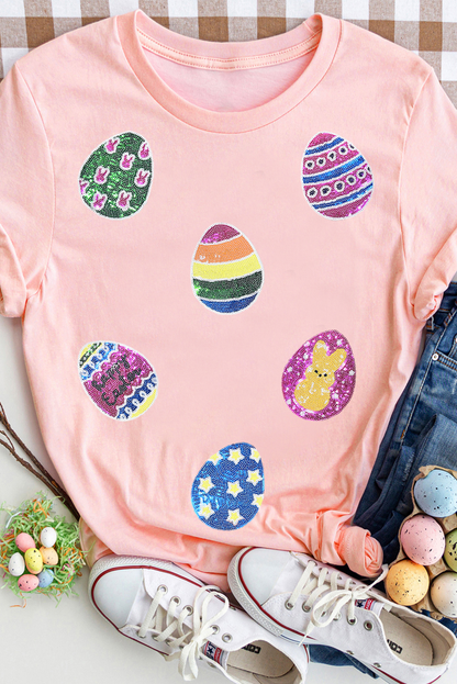 Pink Sequin Easter Egg Graphic Short Sleeve Casual Tee
