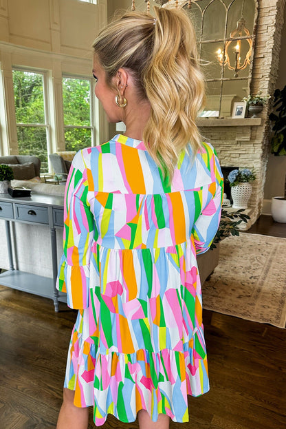 Green Abstract Print Tiered V Neck Ruffle Sleeve Dress